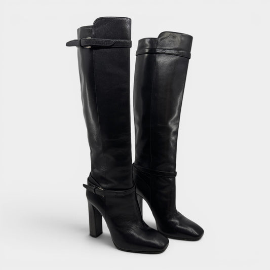 Prada Black Madras Fume Leather Knee High Heeled Boots EU37.5 ~ AU6.5 ~ UK4.5