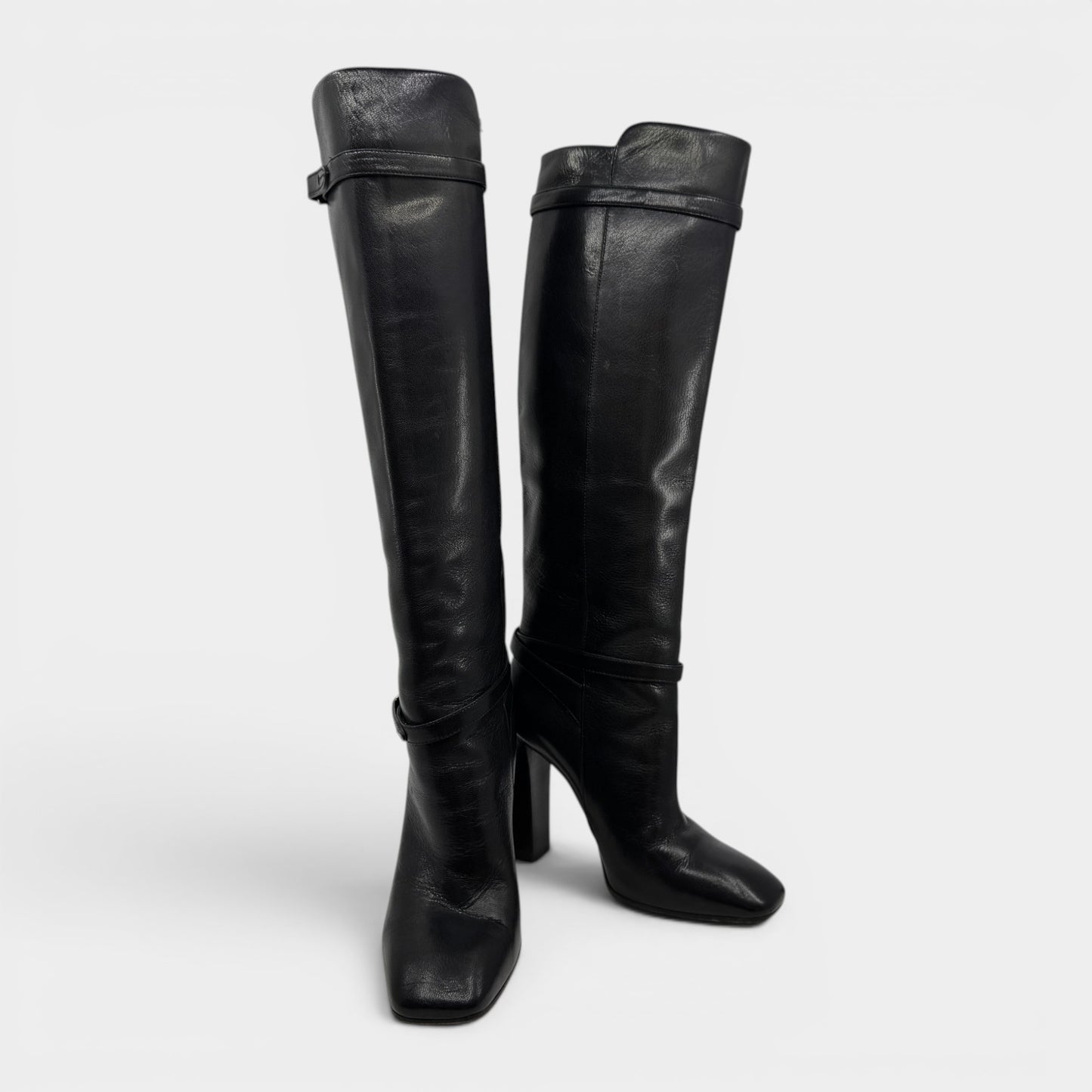 Prada Black Madras Fume Leather Knee High Heeled Boots EU37.5 ~ AU6.5 ~ UK4.5