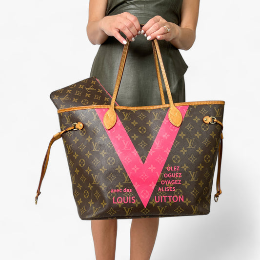 Louis Vuitton Neverfull Pink V Line Canvas Monogram Tote Bag