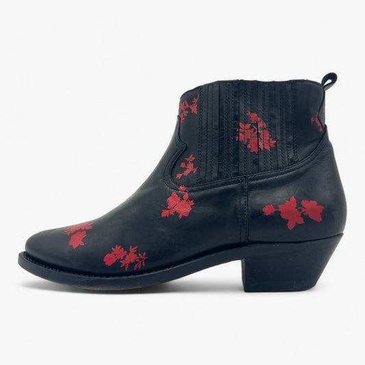 Golden Goose Crosby Black Leather Red Flower Ankle Boots EU40 ~ AU9