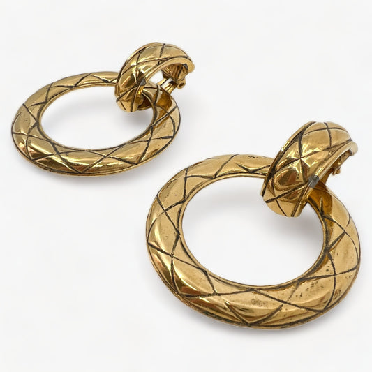 Chanel Quilted Gold Plated Door Knocker 80s Clip-On Earrings
