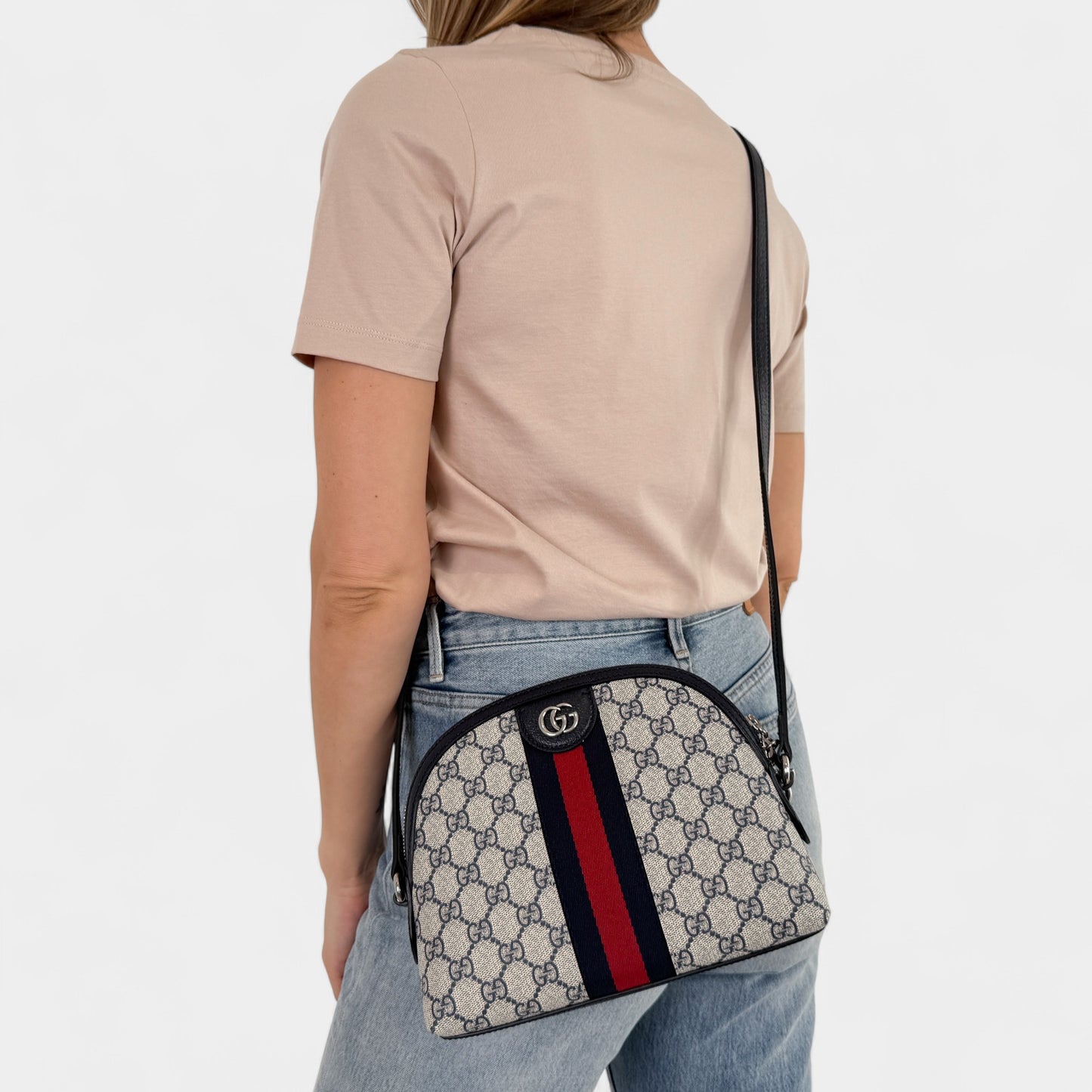 Gucci GG Supreme Monogram Navy Red Stripe Ophidia Crossbody Bag