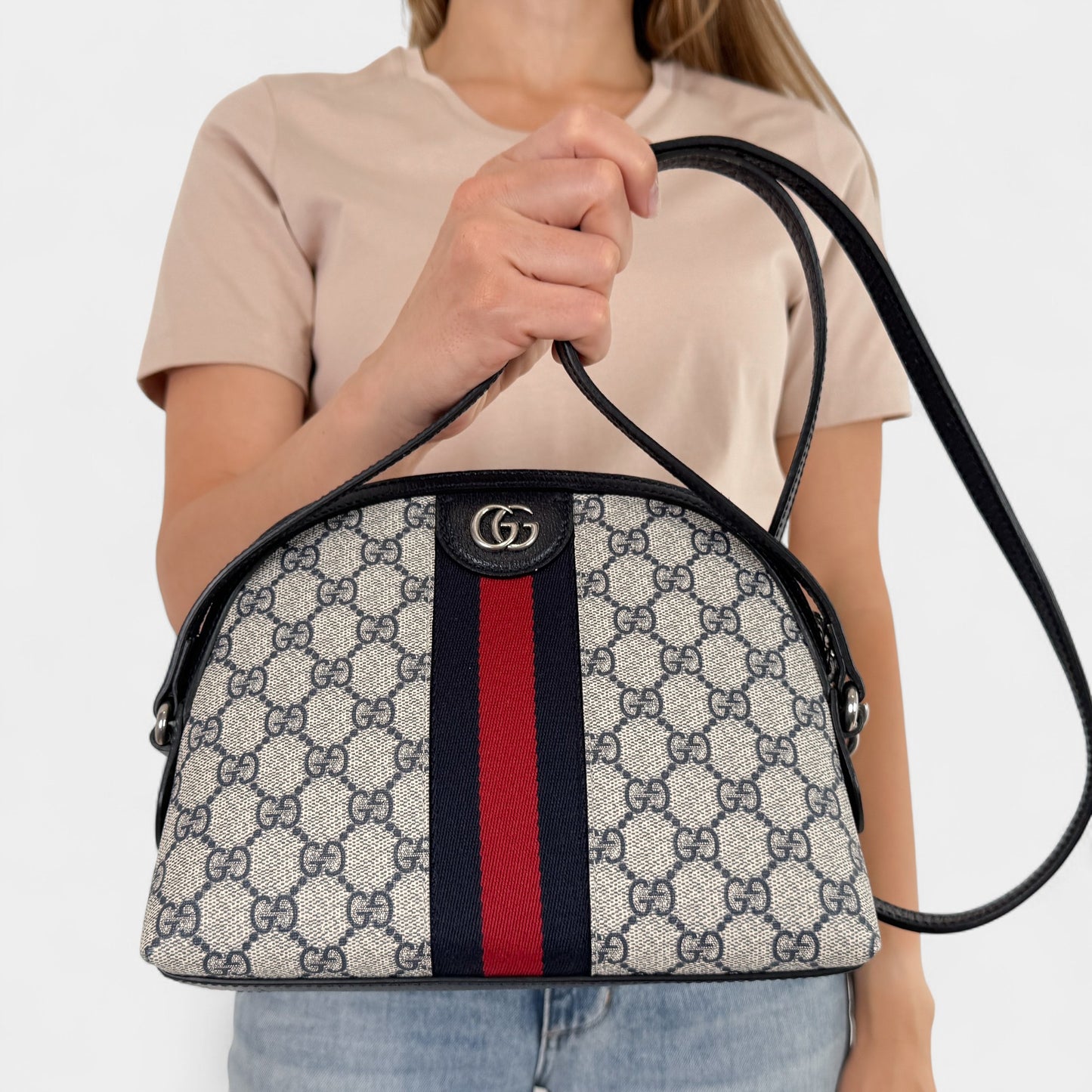 Gucci GG Supreme Monogram Navy Red Stripe Ophidia Crossbody Bag