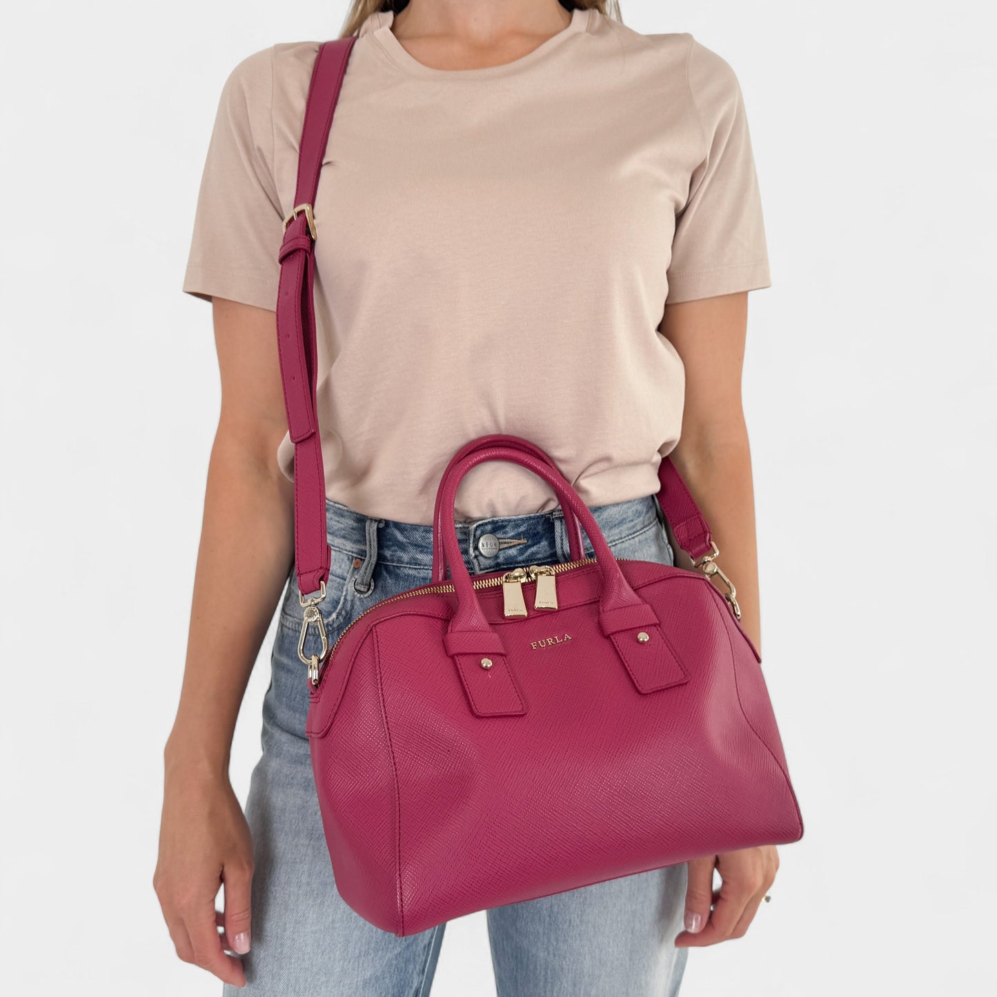 Furla Fuschia Pink Saffiano Leather Allegra Bowling Handbag