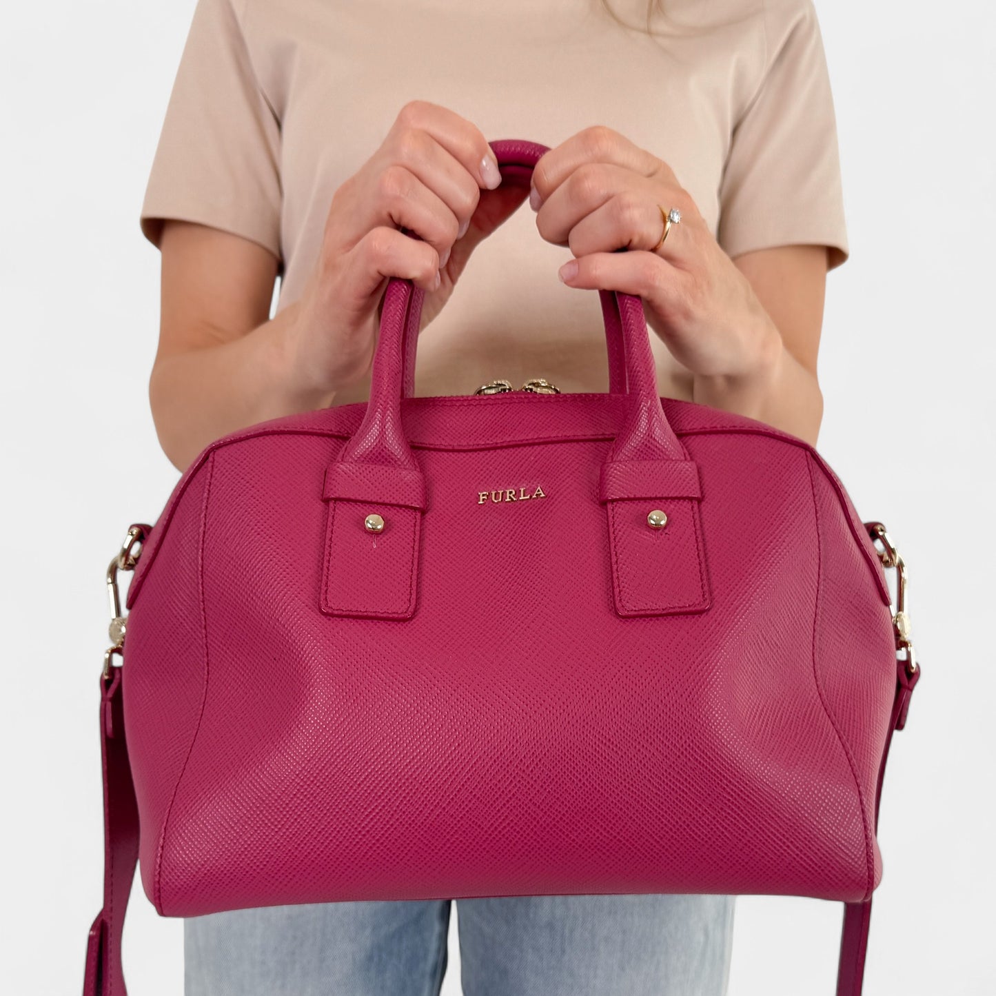 Furla Fuschia Pink Saffiano Leather Allegra Bowling Handbag