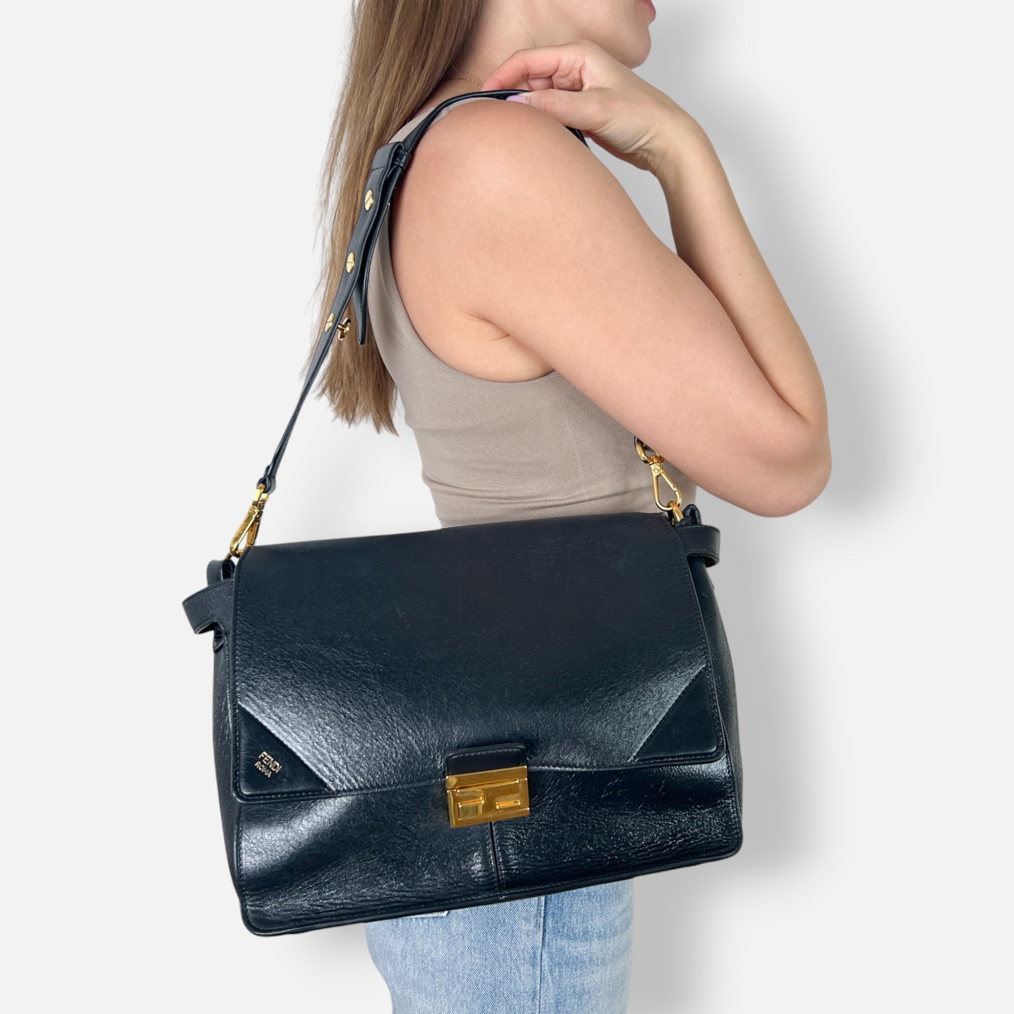 Fendi Black Leather Kan U Large Shoulder Satchel Bag Studio61 Preloved Boutique Sydney