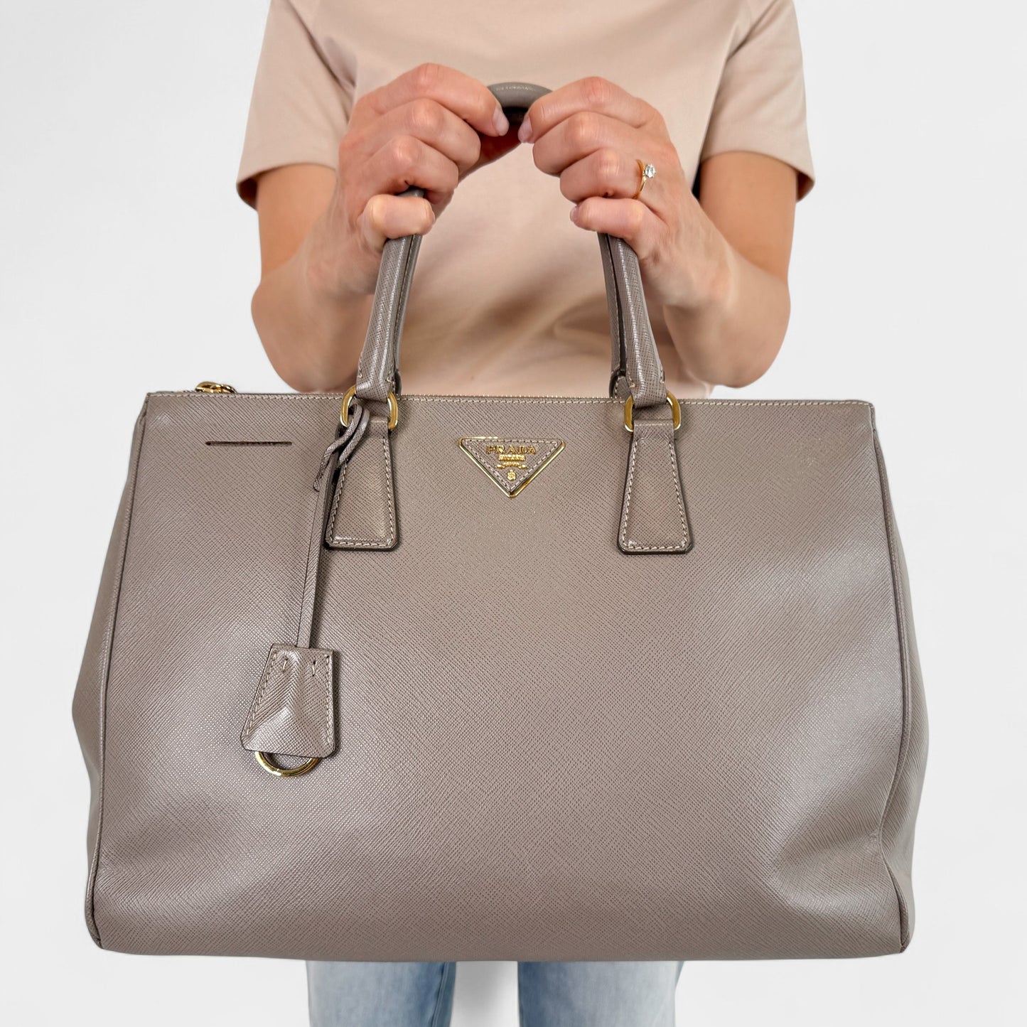 Prada Beige Grey Saffiano Leather Double Zip Galleria Tote Bag