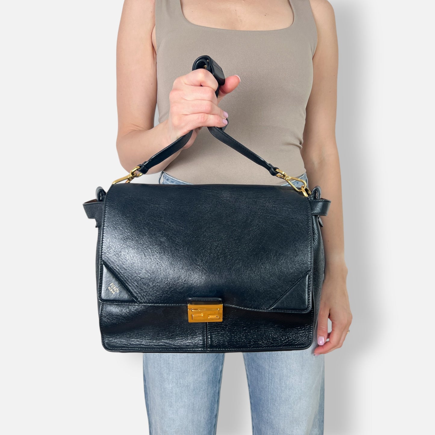 Fendi Black Leather Kan U Large Shoulder Satchel Bag