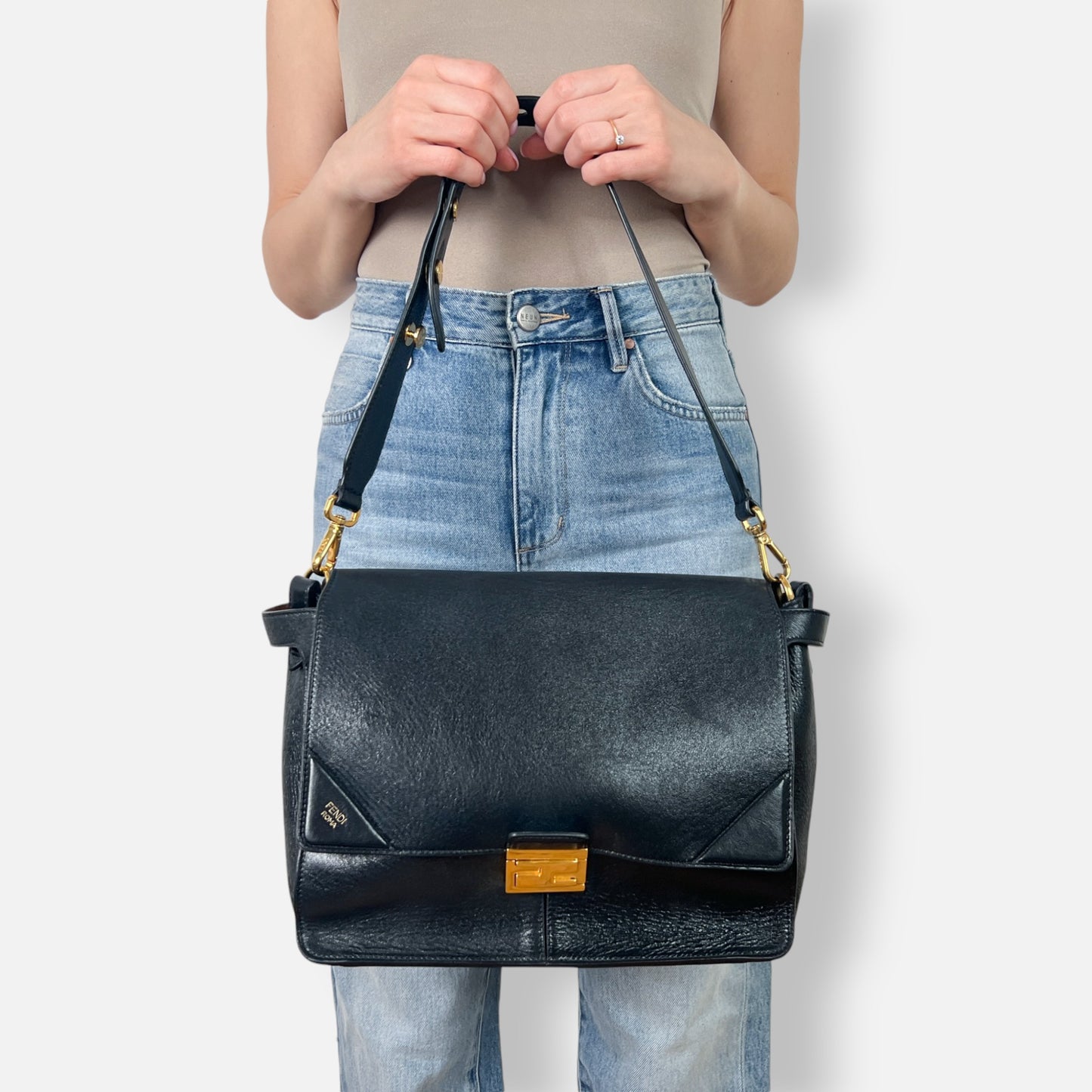 Fendi Black Leather Kan U Large Shoulder Satchel Bag