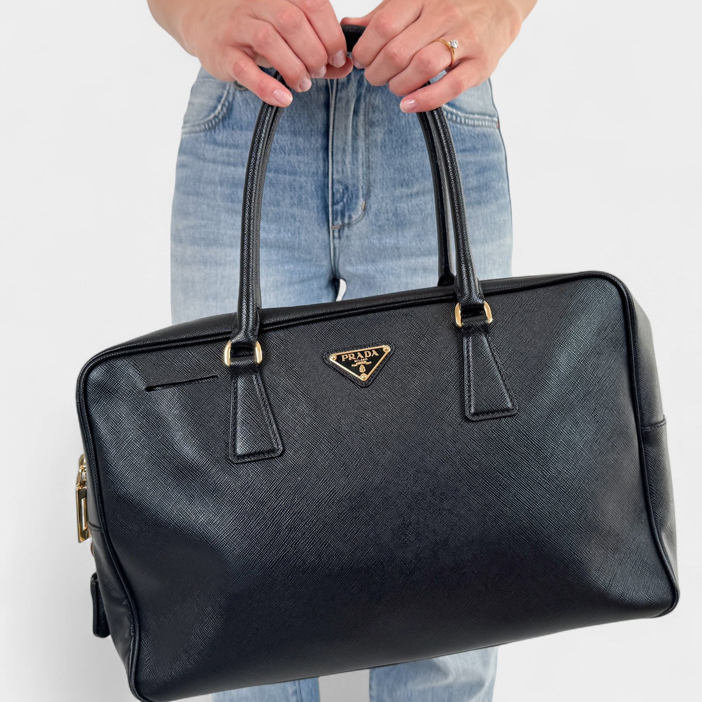 Prada Black Saffiano Leather Bauletto Zip Work Tote Bag