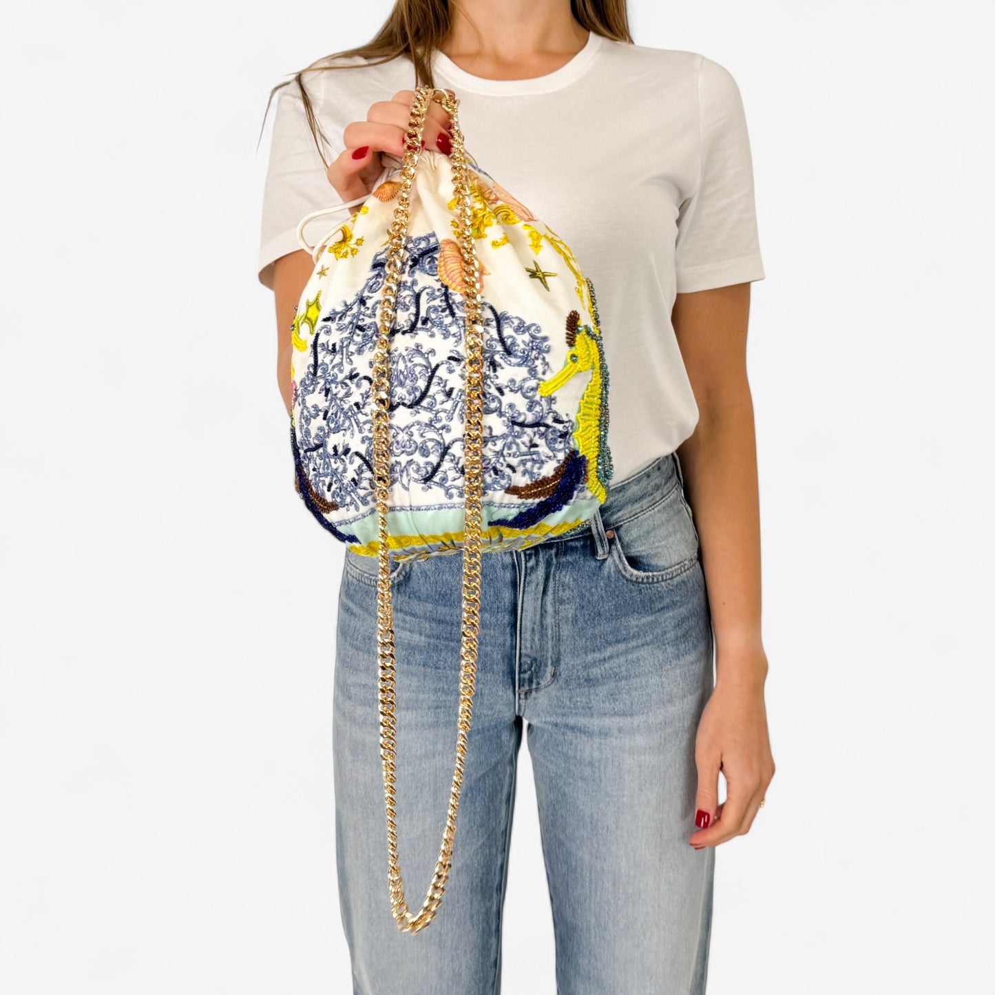 Camilla Silk Embroidered 'Star Of The Sea' Drawstring Pouch Bag