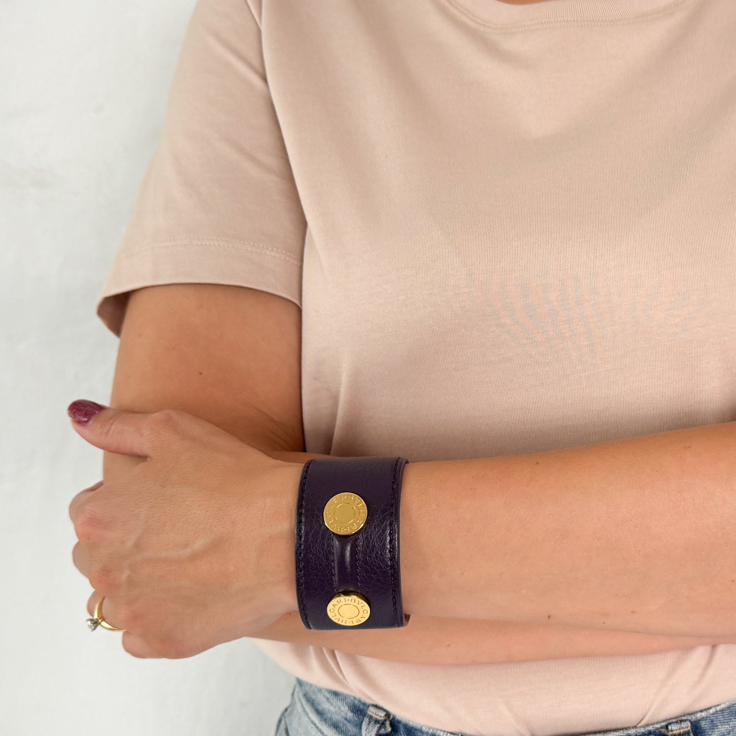 Bvlgari Italy Purple Leather & Goldtone Brass Cuff Bracelet