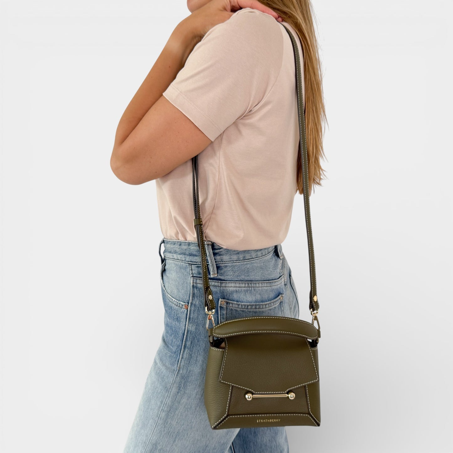 Strathberry Khaki Green Leather Mosaic Nano Crossbody Bag