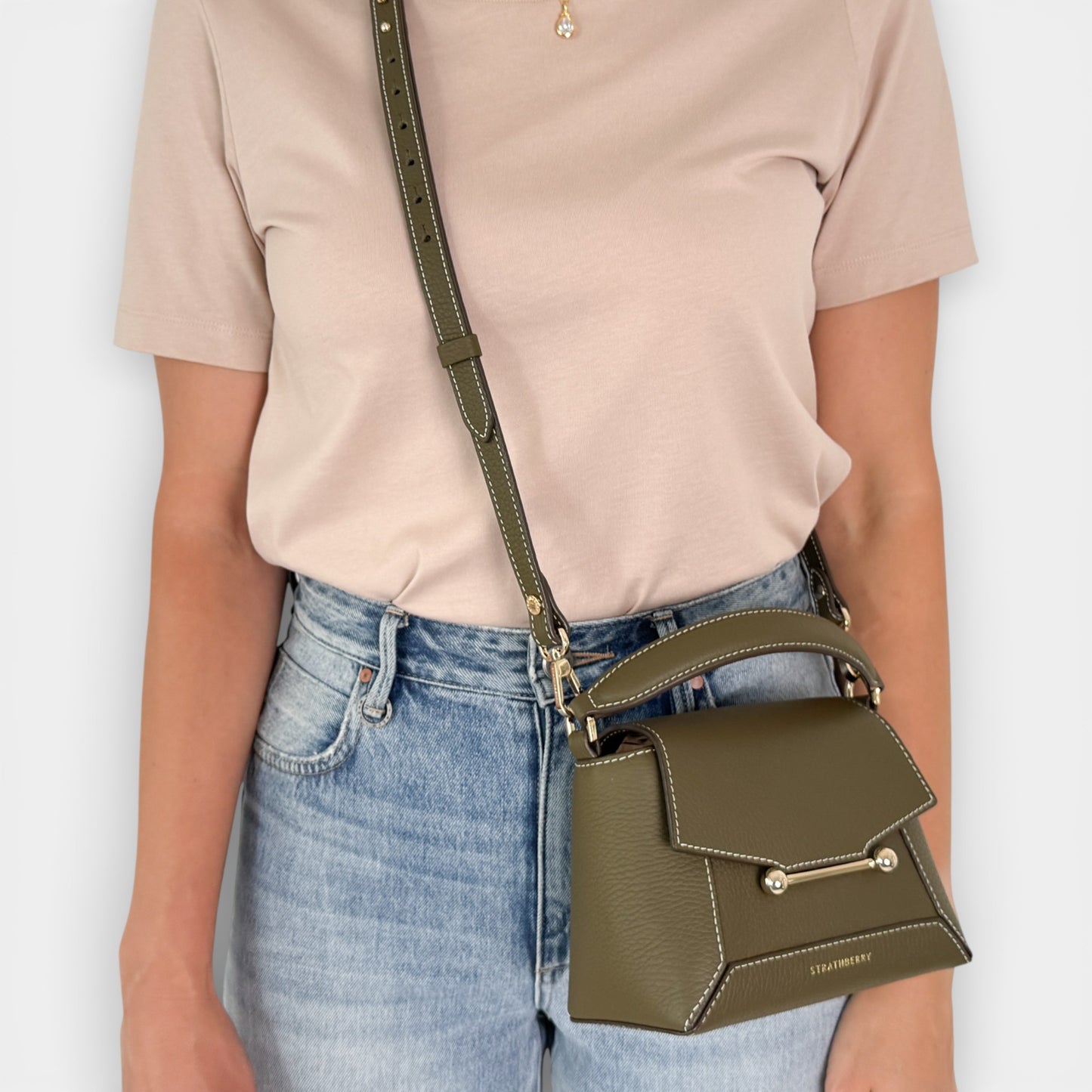 Strathberry Khaki Green Leather Mosaic Nano Crossbody Bag