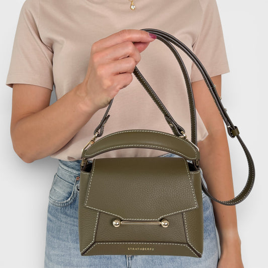 Strathberry Khaki Green Leather Mosaic Nano Crossbody Bag