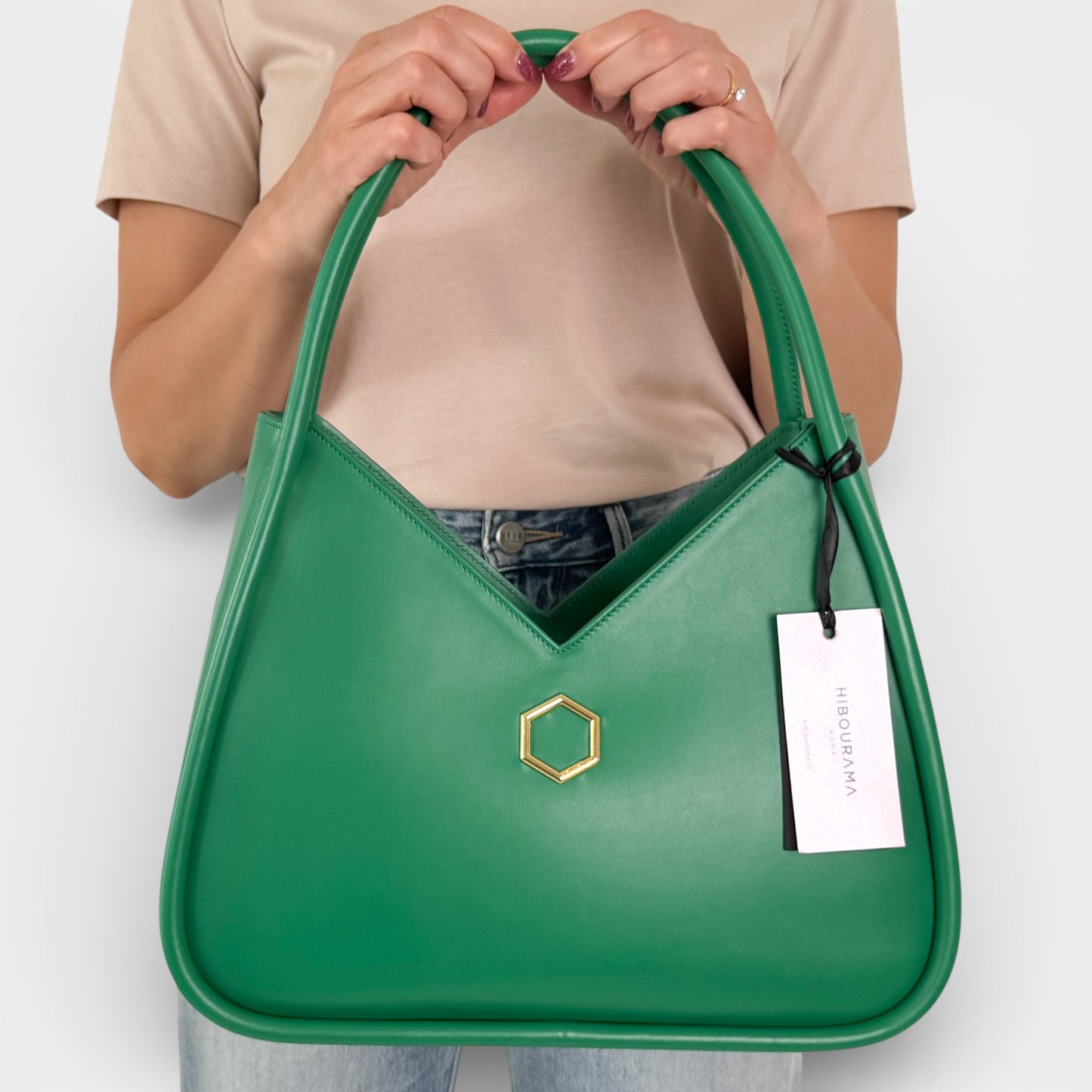 Hibourama Roma Green Leather 'Anita' Medium Handbag