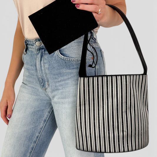 Bally Vintage Black Grey Metallic Stripe Shoulder Bag