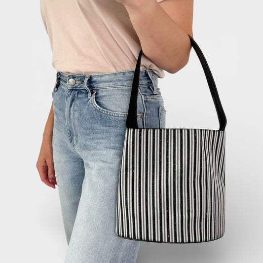 Bally Vintage Black Grey Metallic Stripe Shoulder Bag