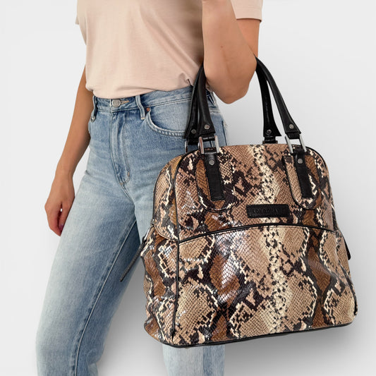 Longchamp Brown Beige Snake Effect Cosmos Top Handle Bag
