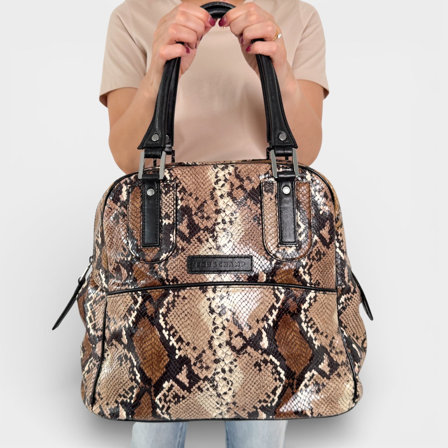 Longchamp Brown Beige Snake Effect Cosmos Top Handle Bag