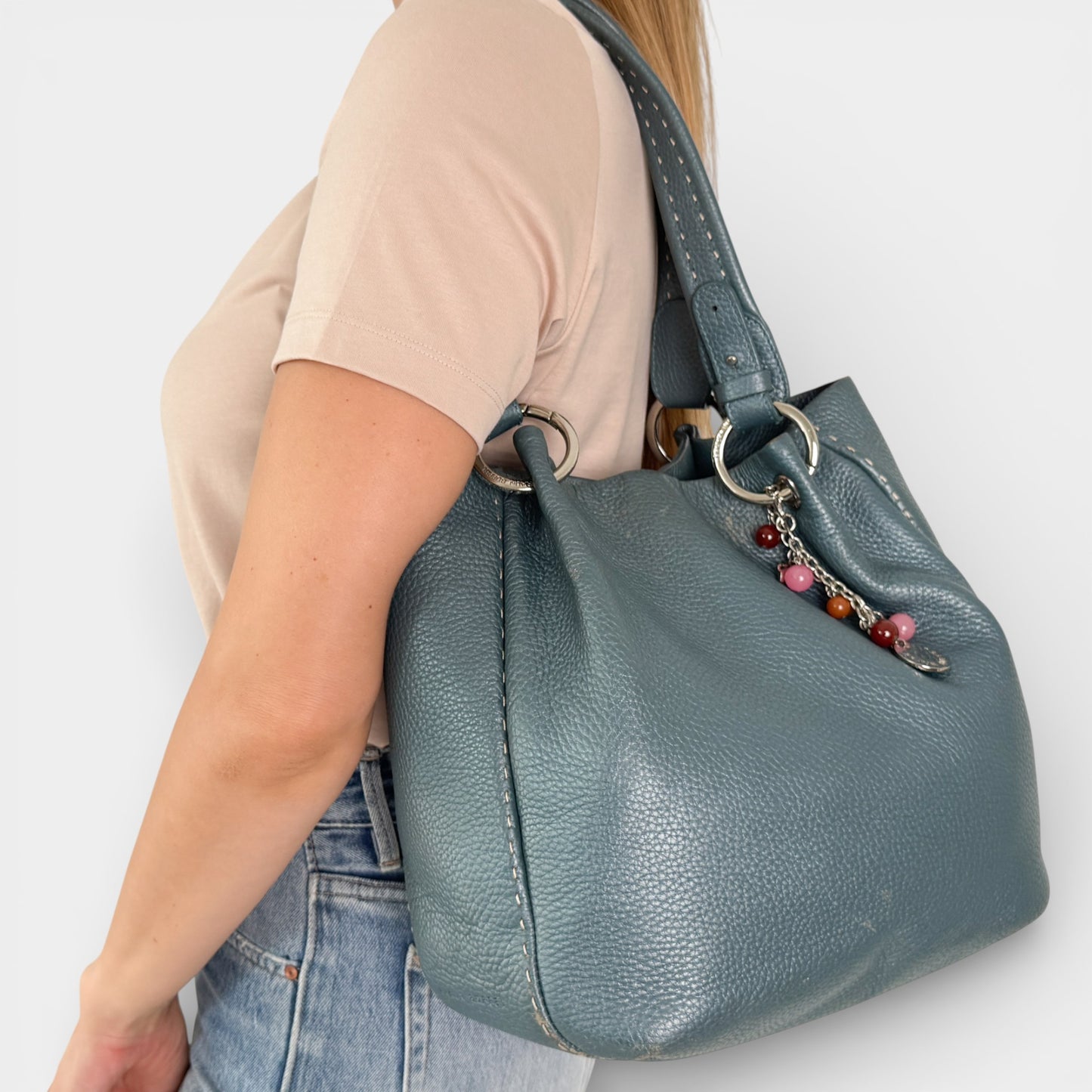 Braun Buffel Metallic Teal Blue Leather Shoulder Bag