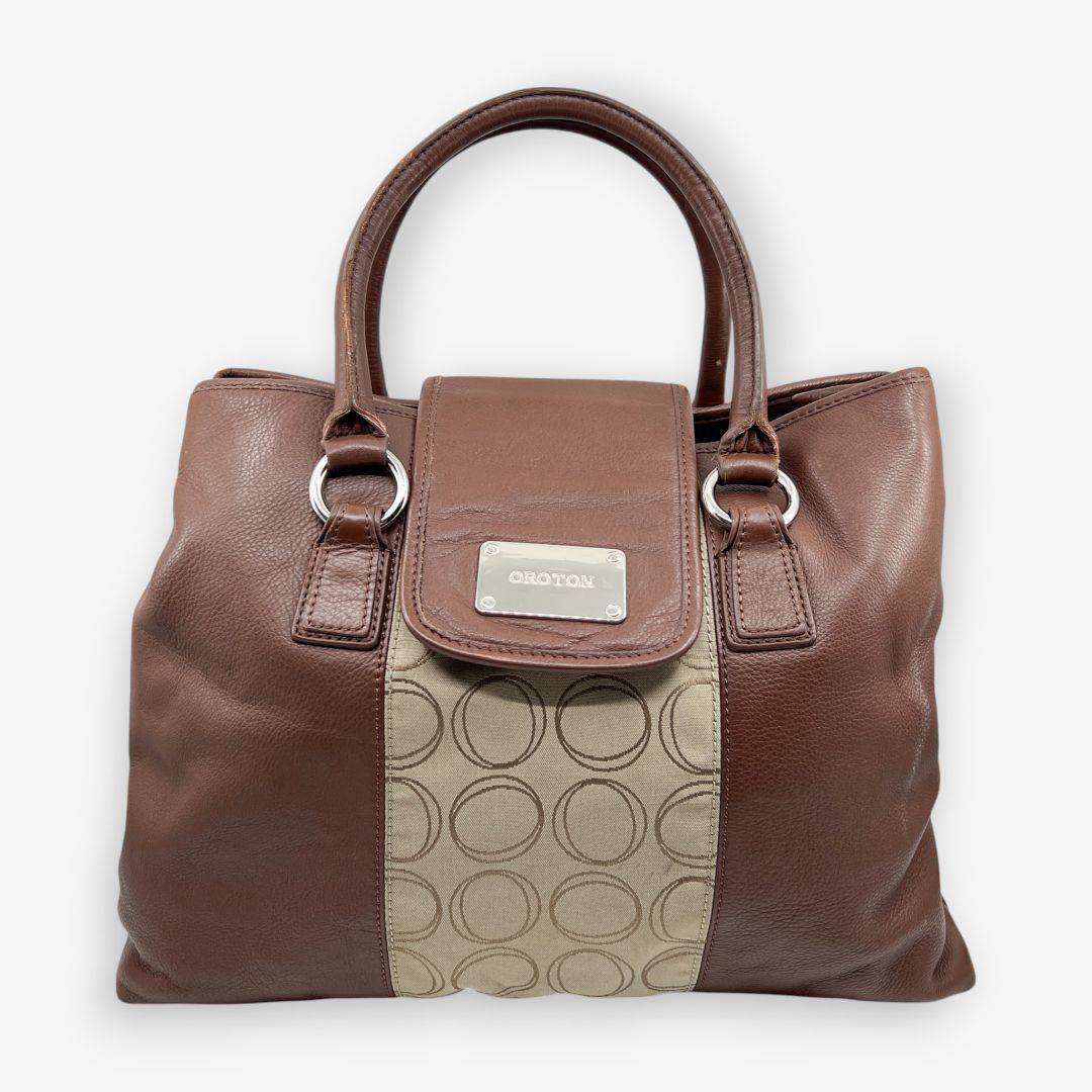 Oroton Brown Leather Monogram Canvas Large Tote Bag [Vintage]