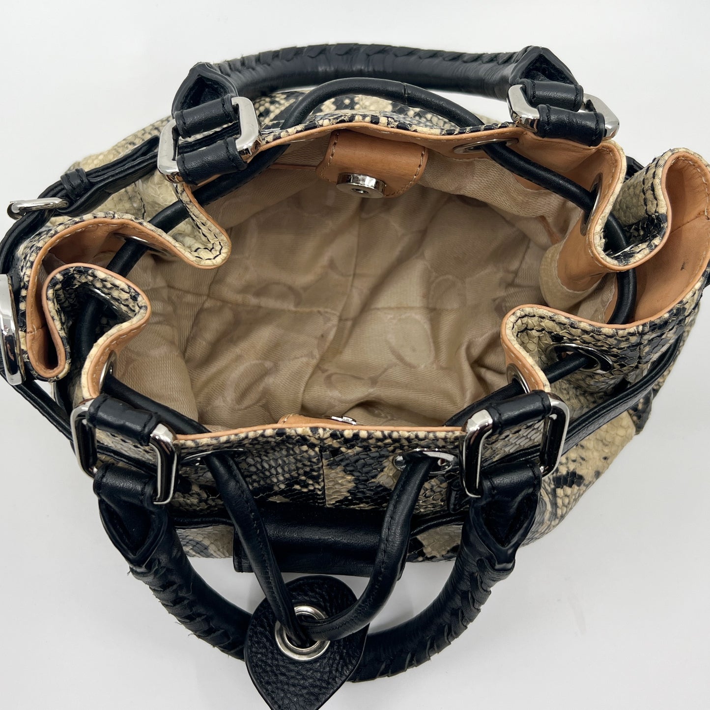 Oroton Black & Cream Snake Embossed Leather Small Lido Shoulder Tote Bag