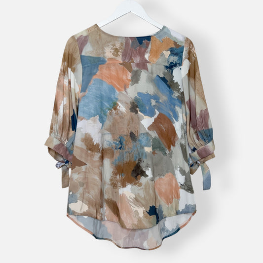 Layer'd Blue, Pink & Brown Painterly Puff Sleeve Blouse AU12