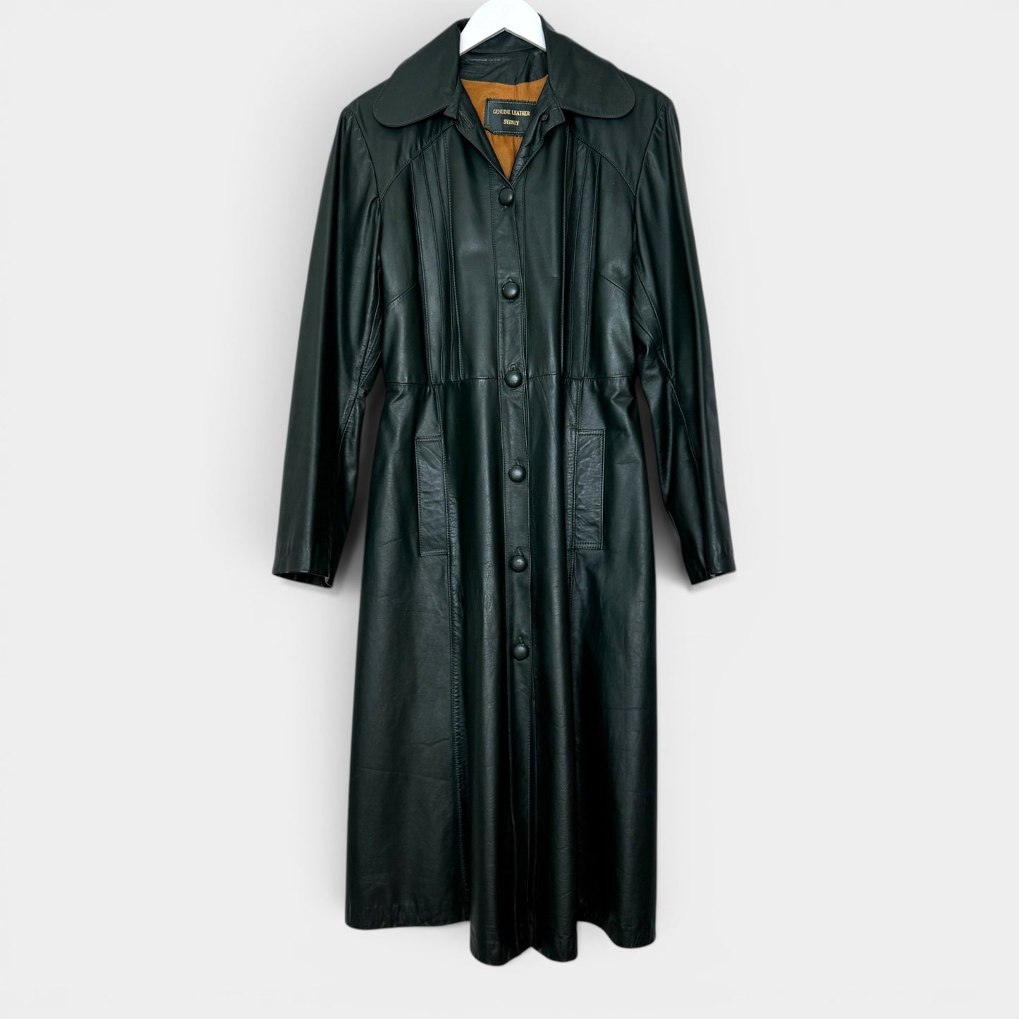 Vintage Dark Green 1970s Genuine Leather Long Coat AU10-12 ~ Medium