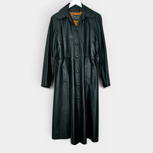 Vintage Dark Green 1970s Genuine Leather Long Coat AU10-12 ~ Medium