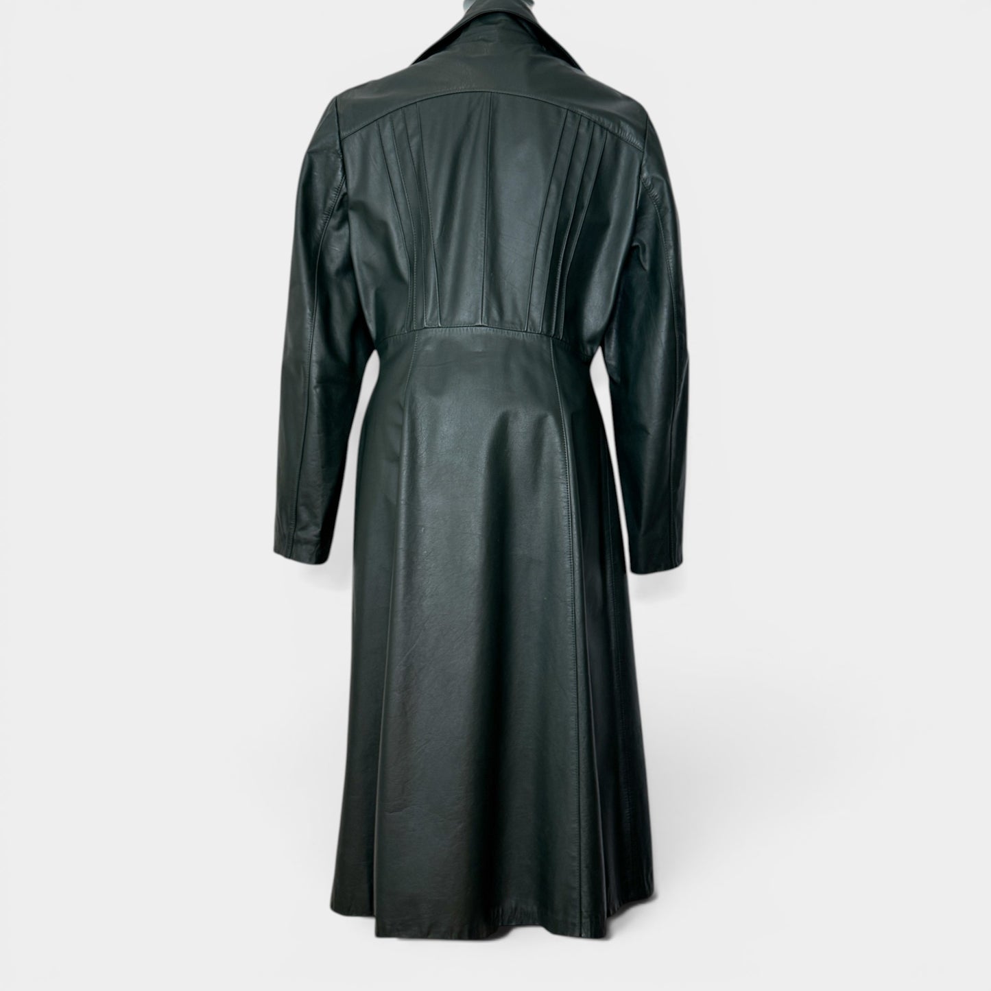 Vintage Dark Green 1970s Genuine Leather Long Coat AU10-12 ~ Medium
