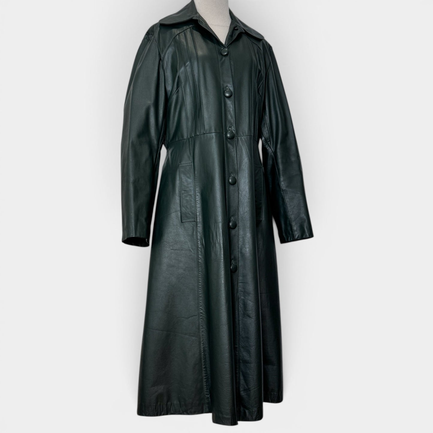 Vintage Dark Green 1970s Genuine Leather Long Coat AU10-12 ~ Medium