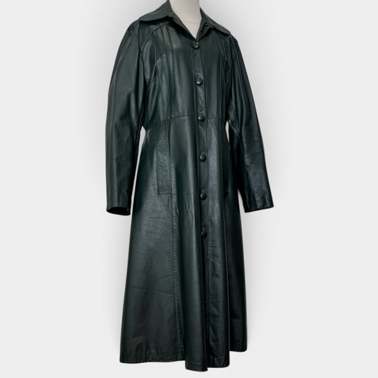 Vintage Dark Green 1970s Genuine Leather Long Coat Medium ~ AU10