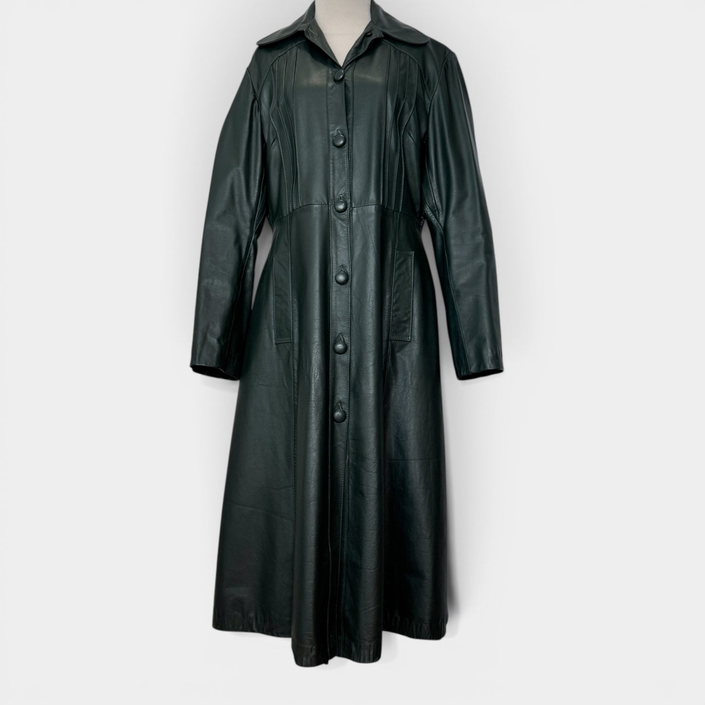 Vintage Dark Green 1970s Genuine Leather Long Coat AU10-12 ~ Medium