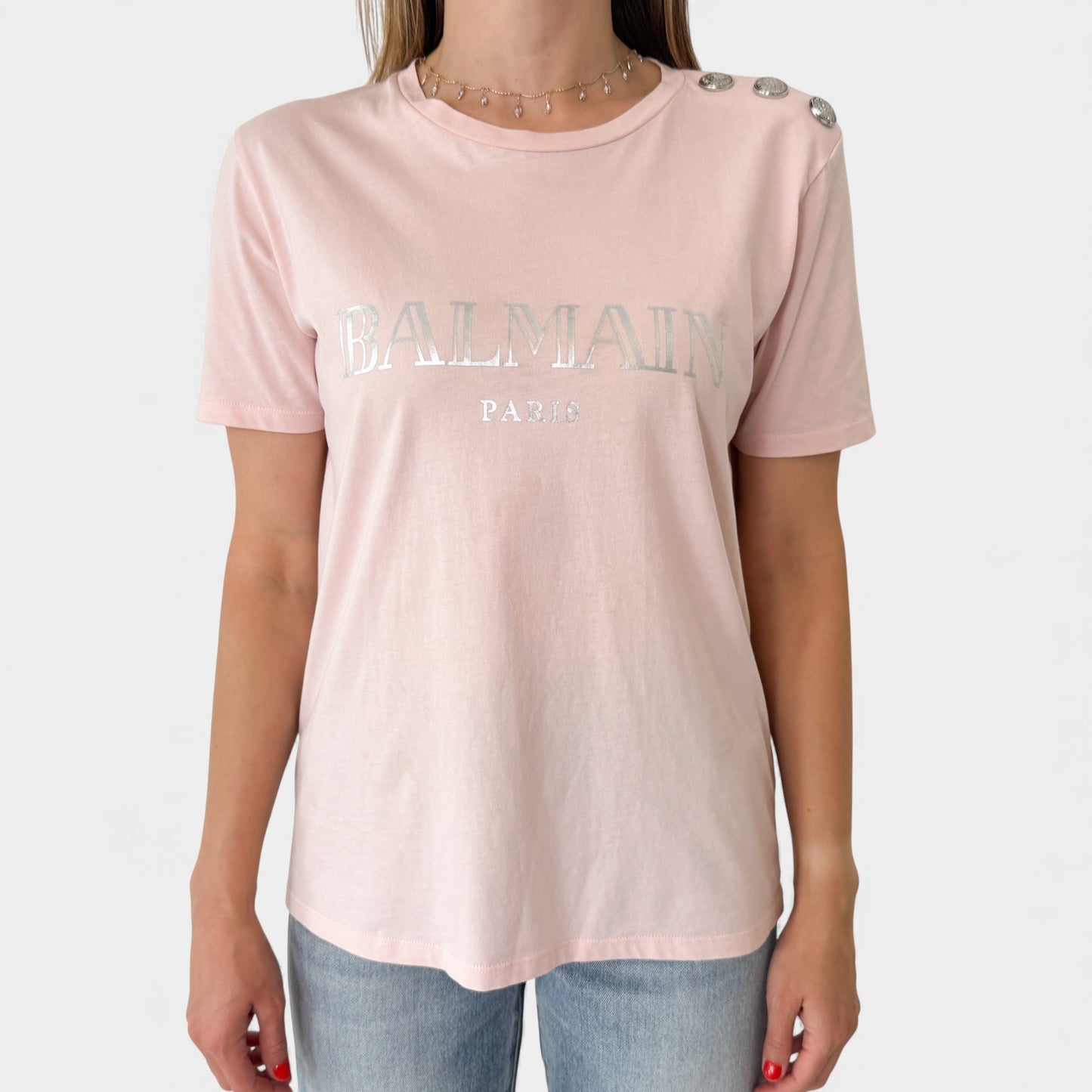Balmain Paris Pale Pink Logo Print Tee T Shirt EU40 ~ Medium ~ AU10