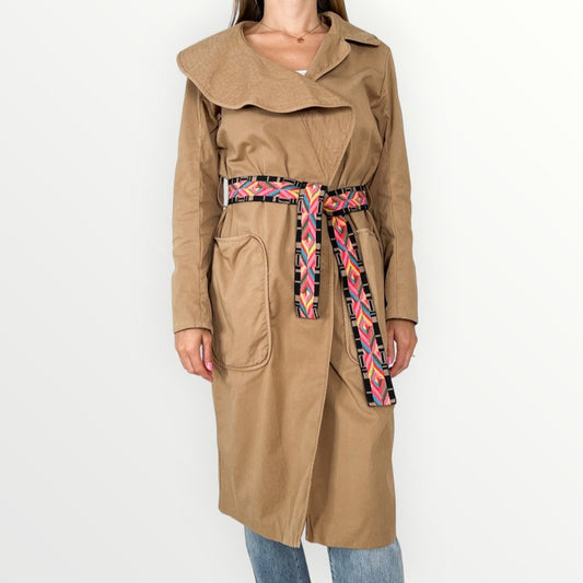 Bazar Deluxe Brown Cotton Twill Embroidered Belt Wrap Coat IT42 ~ AU10-12