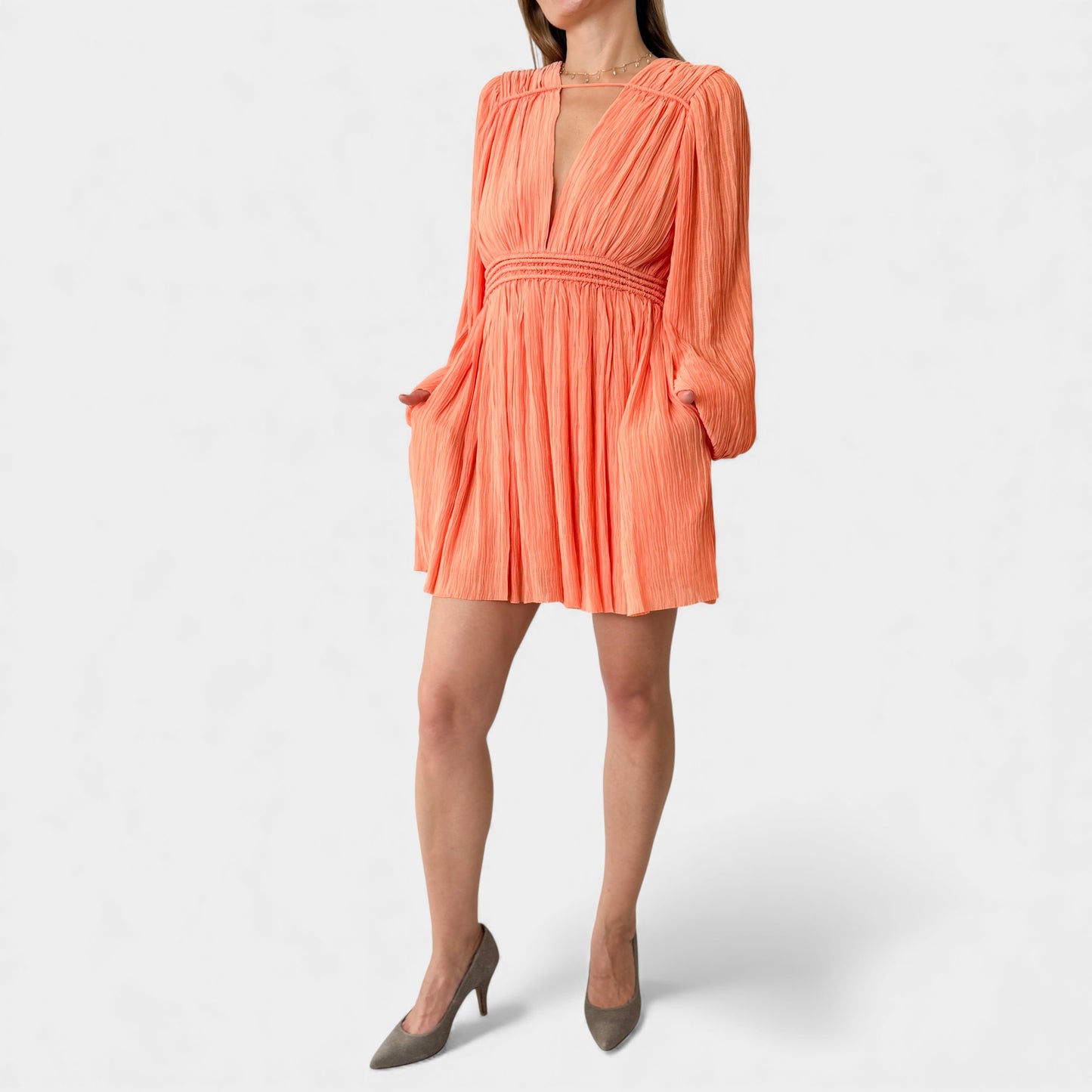 Aje Genevieve Pleated Apricot Orange Short Dress AU10 ~ Medium [NEW]