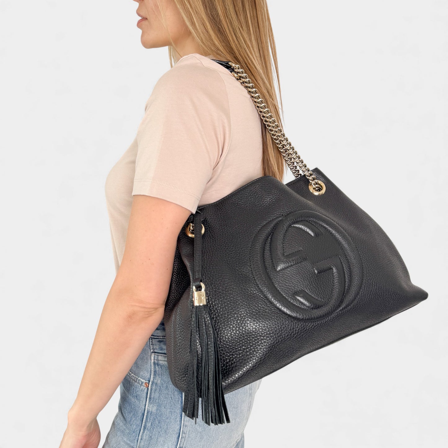 Gucci Soho Double Chain Black Leather Tote Handbag