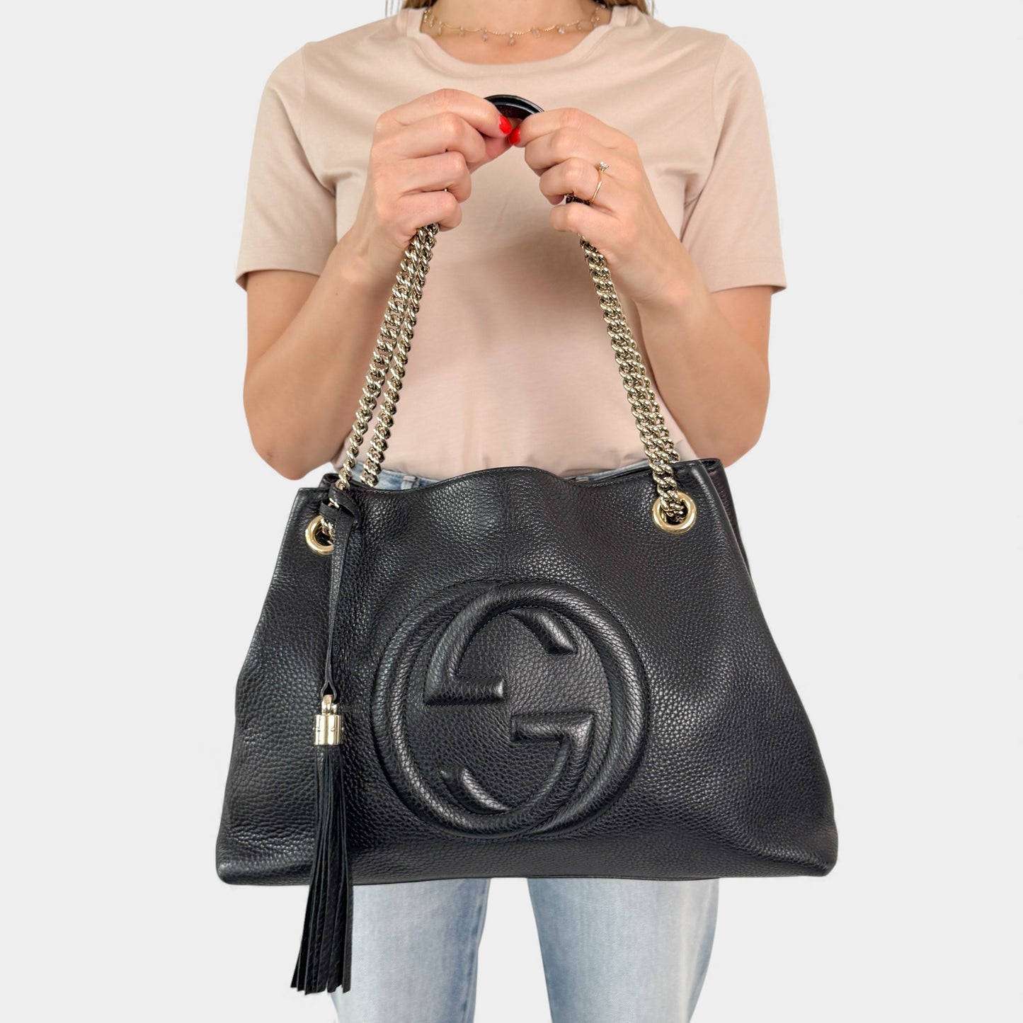 Gucci Soho Double Chain Black Leather Tote Handbag