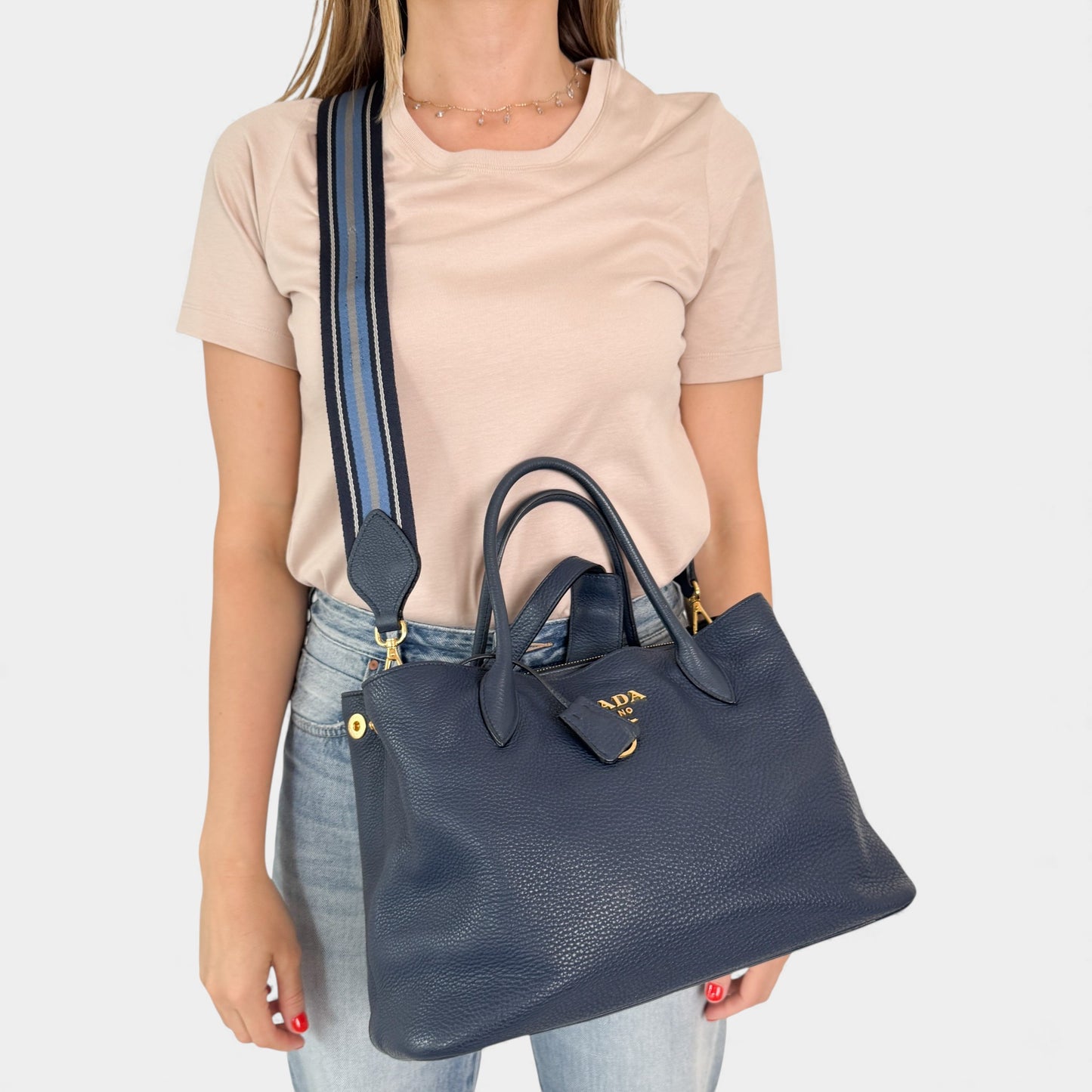 Prada Baltico Blue Vitello Daino Leather Cameo 2-Way Tote Bag
