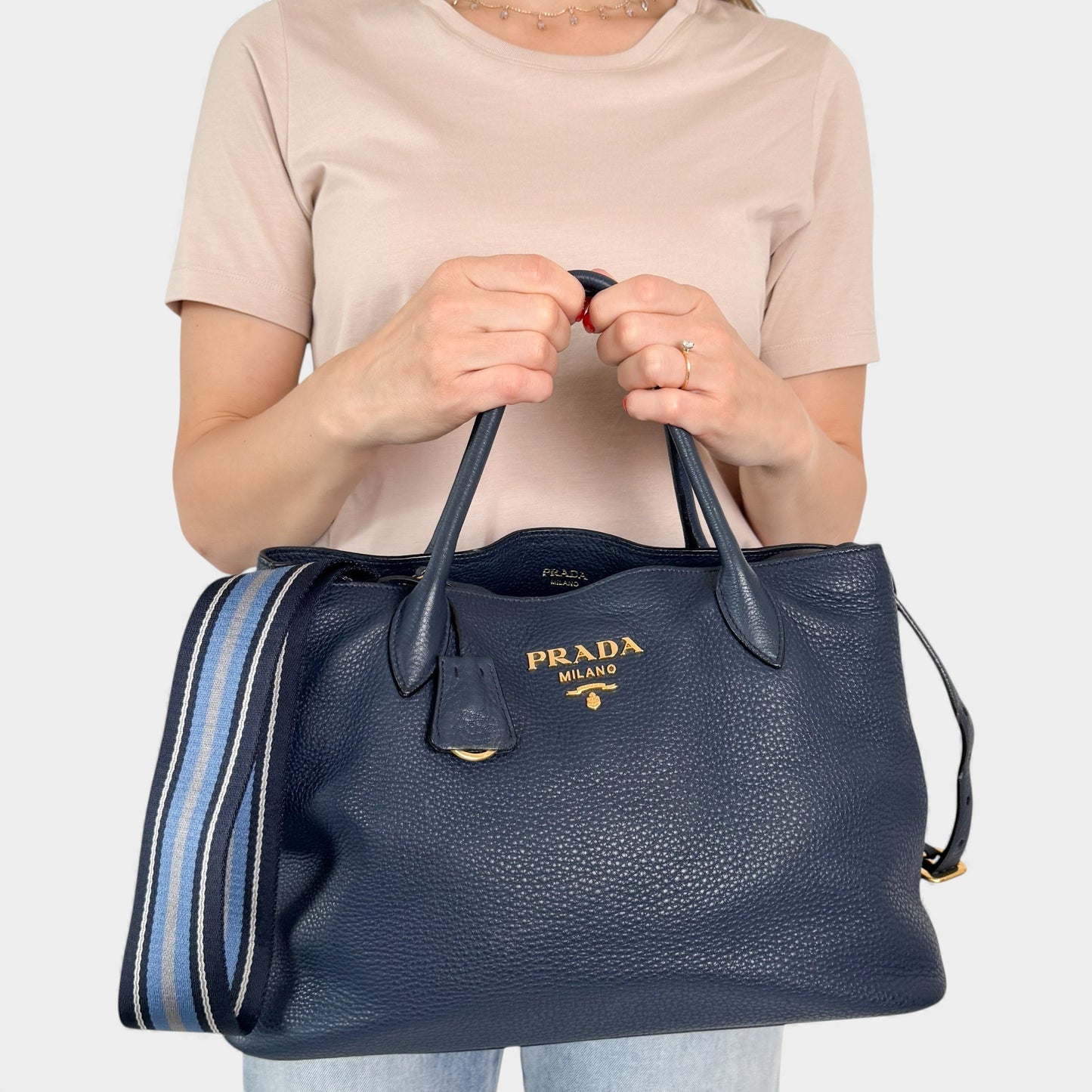 Prada Baltico Blue Vitello Daino Leather Cameo 2-Way Tote Bag