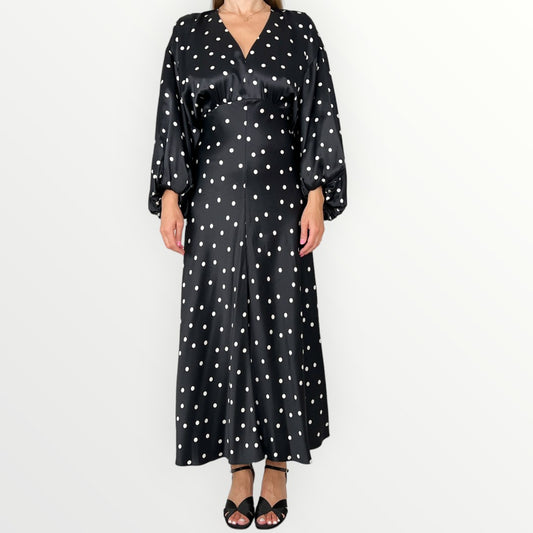 Lee Mathews Black & White Spot 100% Silk Midi Dress 1 ~ AU8
