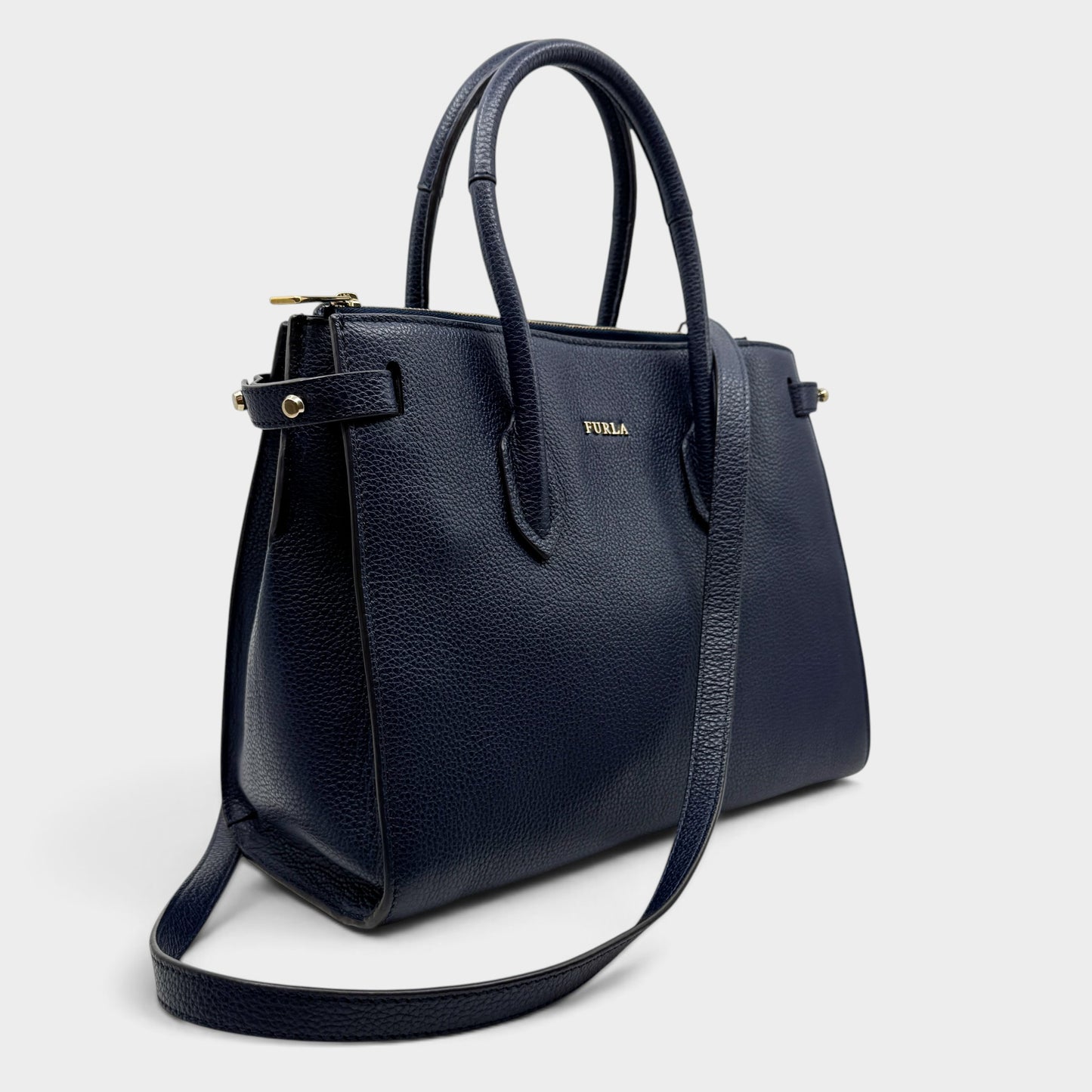 Furla Navy Blue Grain Leather Handbag