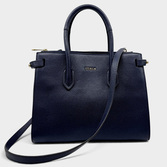 Furla Navy Blue Grain Leather Handbag