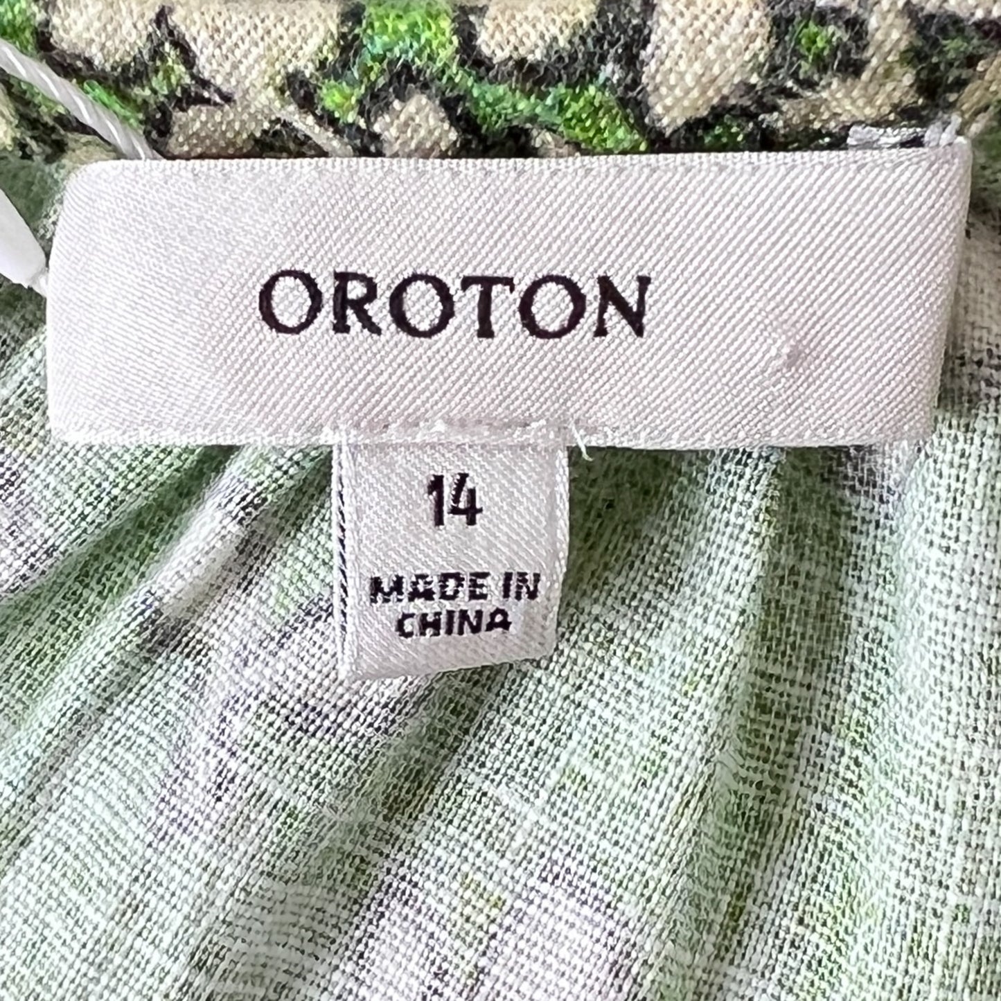 Oroton Green Floral Puff Sleeved Linen Blend Short Belted Dress AU14 ~ Large