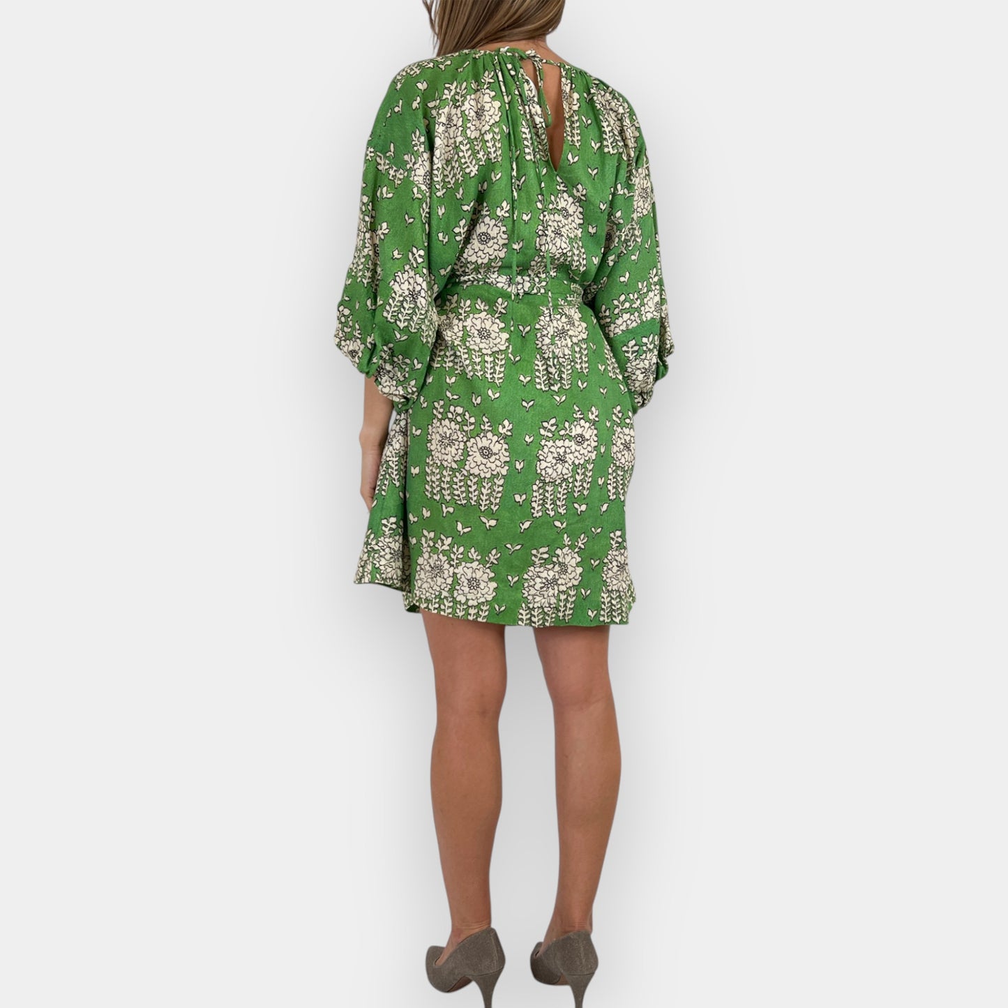 Oroton Green Floral Puff Sleeved Linen Blend Short Belted Dress AU14 ~ Large