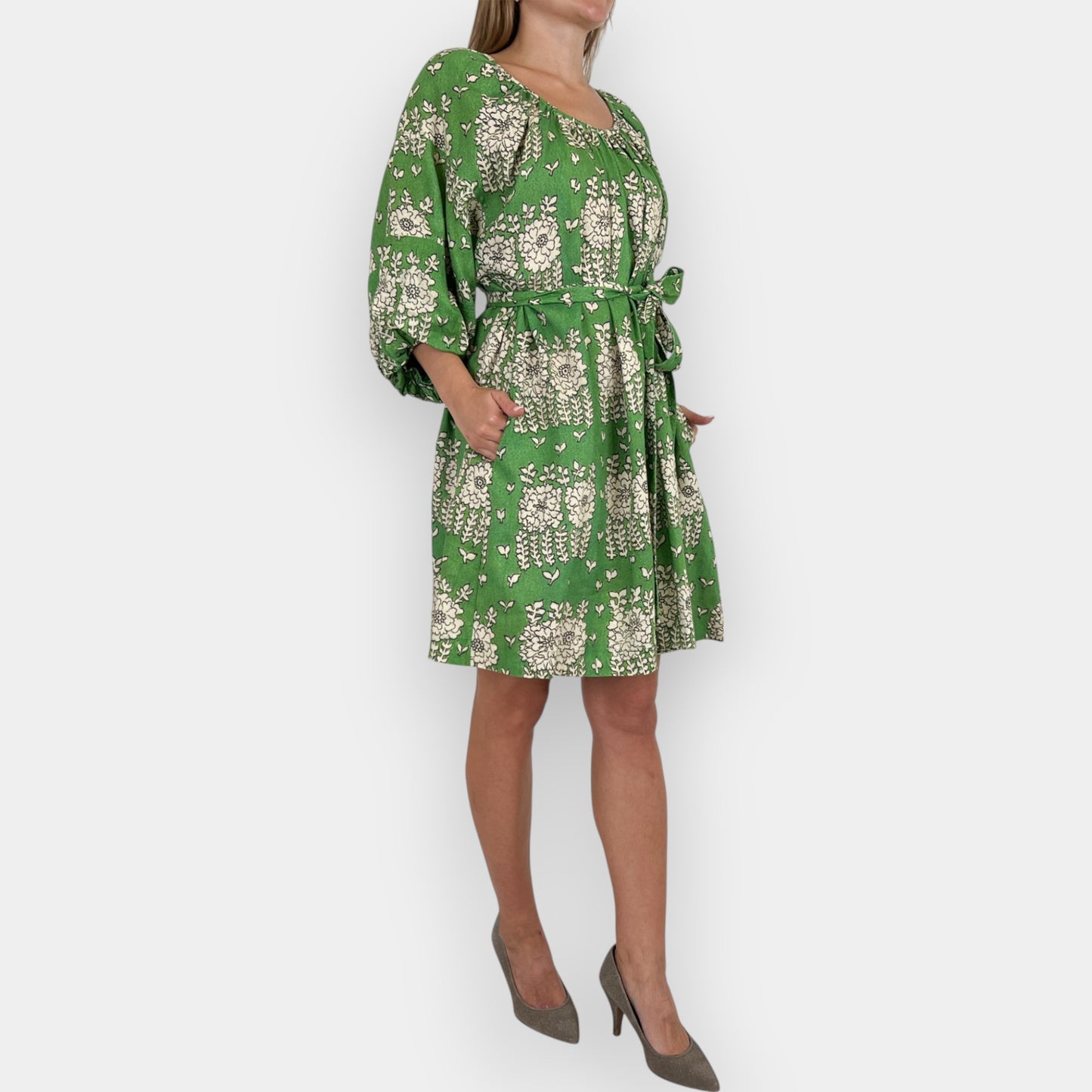 Oroton Green Floral Puff Sleeved Linen Blend Short Belted Dress AU14 ~ Large