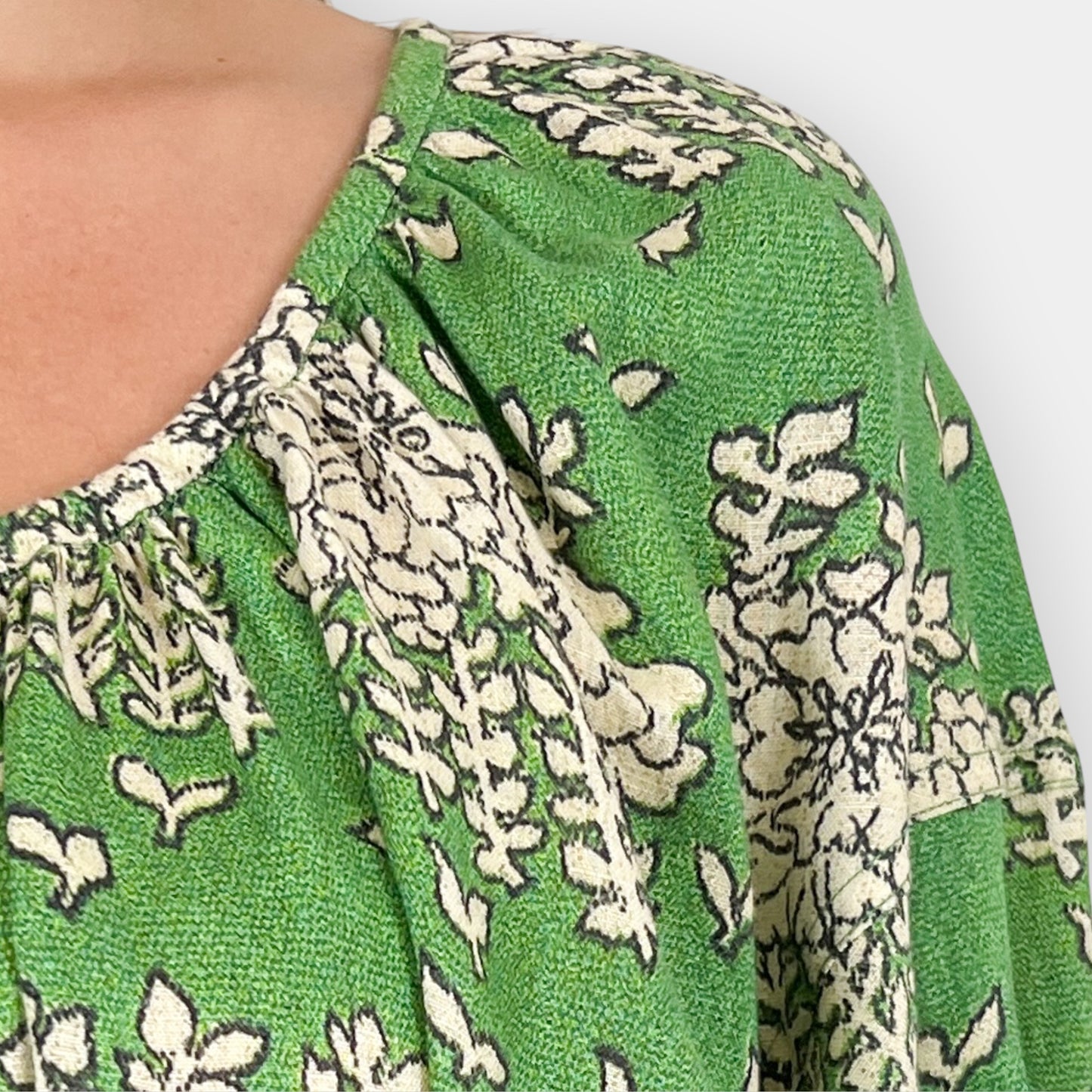 Oroton Green Floral Puff Sleeved Linen Blend Short Belted Dress AU14 ~ Large