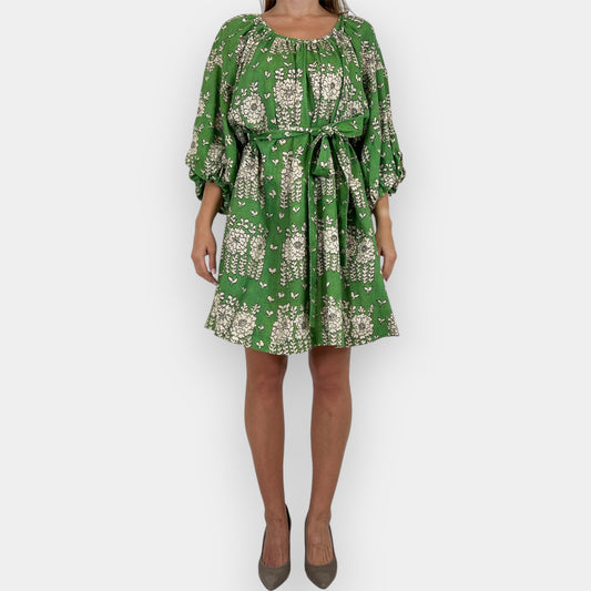 Oroton Green Floral Puff Sleeved Linen Blend Short Belted Dress AU14 ~ Large