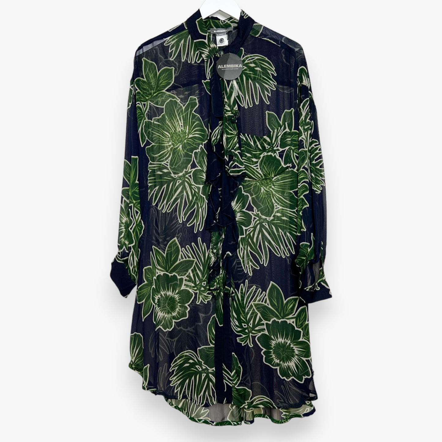 Alembika Green & Blue Floral Chiffon Frill Shirt Dress Medium ~ AU14-16 [NEW]